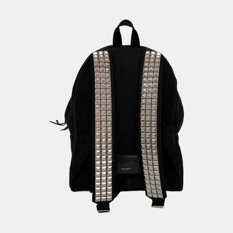 YSL 黑色帆布鉚釘雙肩包 銀色五金-4