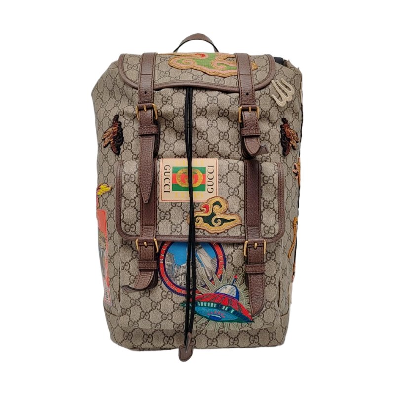 GUCCI Courrier米色塗層帆布老花刺繡雙肩包 後背包 金色五金-0