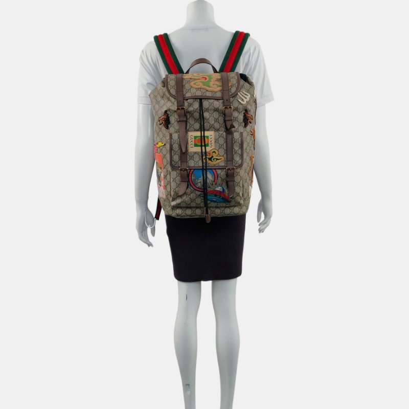 GUCCI Courrier米色塗層帆布老花刺繡雙肩包 後背包 金色五金-1