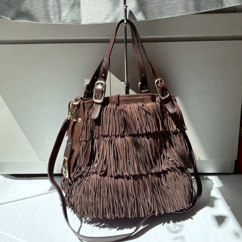 Tod's 咖啡色麂皮流蘇兩用大包-1