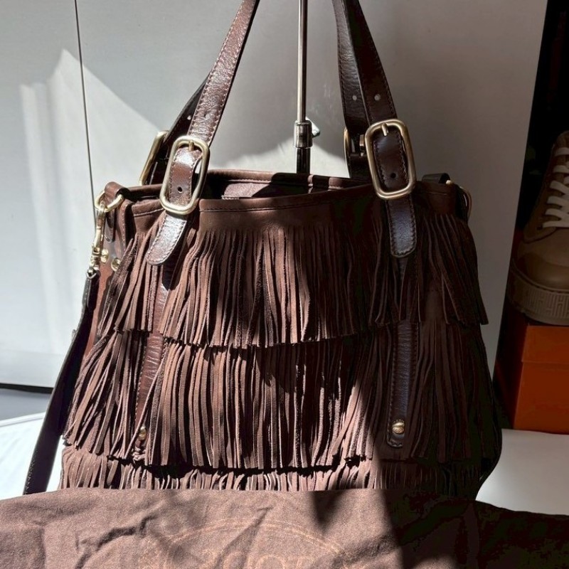 Tod's 咖啡色麂皮流蘇兩用大包-2