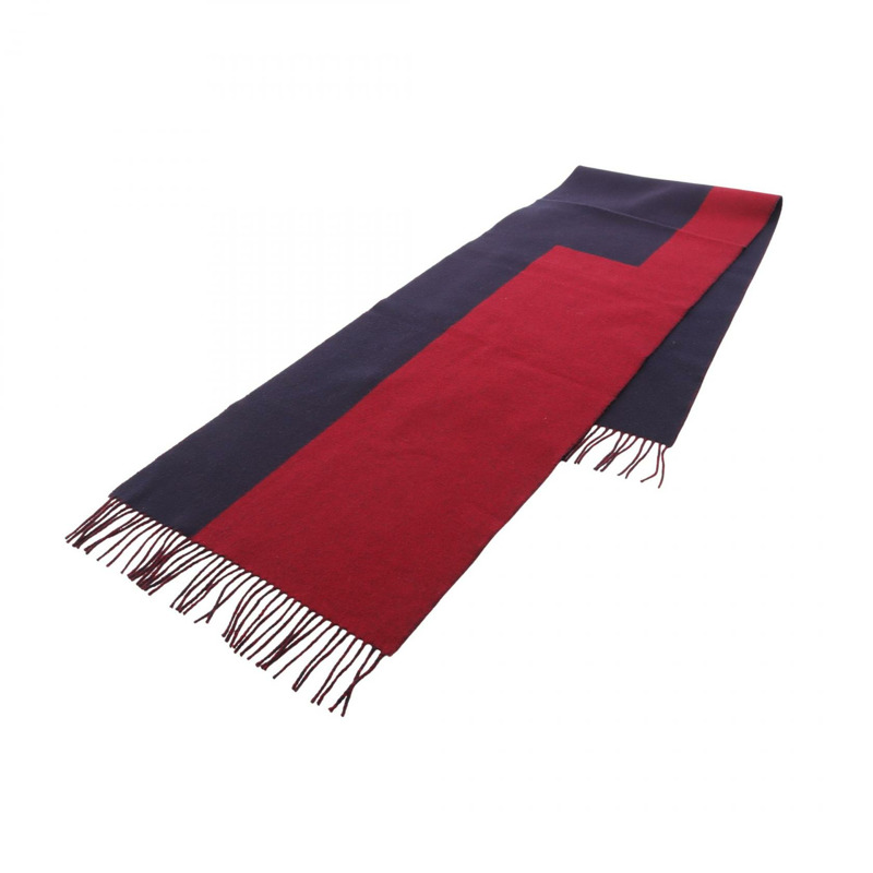 愛馬仕 Kazak 流蘇羊絨圍巾，海軍藍/波爾多紅，二手，男女通用-3