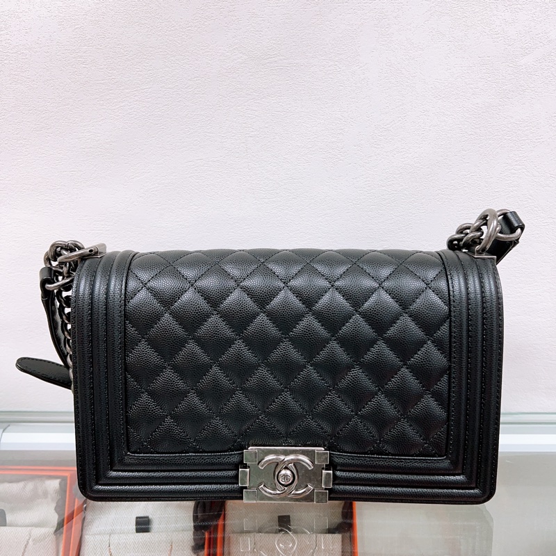 Chanel boy 25 黑銀荔枝牛皮 中號鏈條包-0