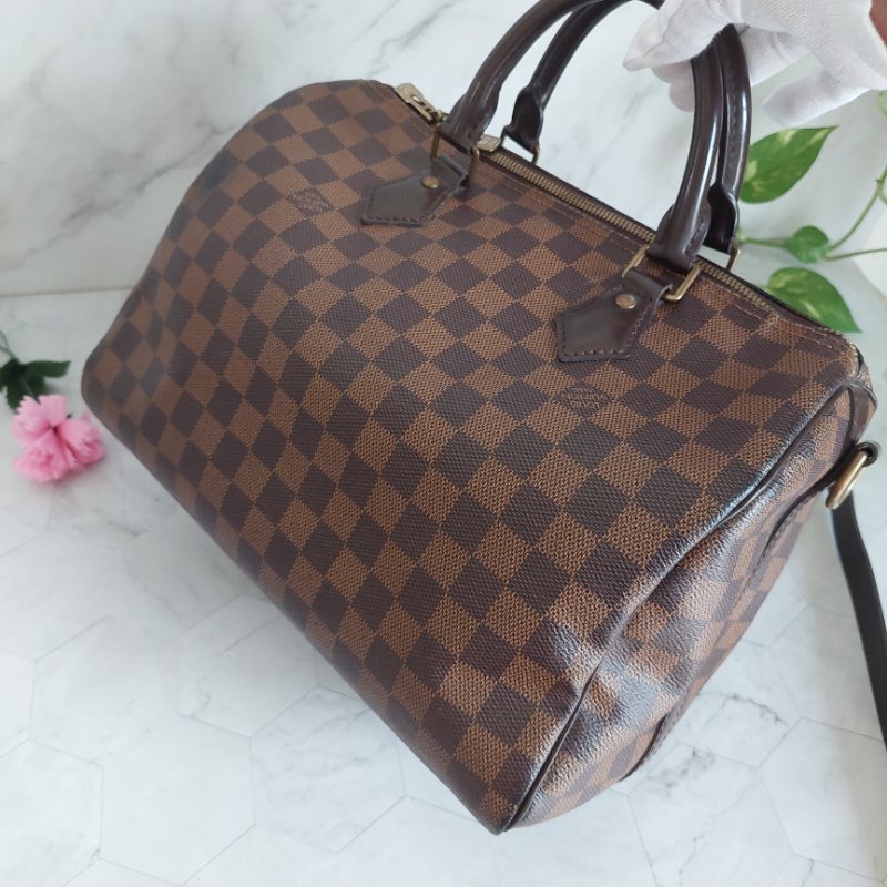 LV Speedy30cm🎀實品拍照🎀 N40590格紋 波士頓包 手提 斜背包~二手品-78
