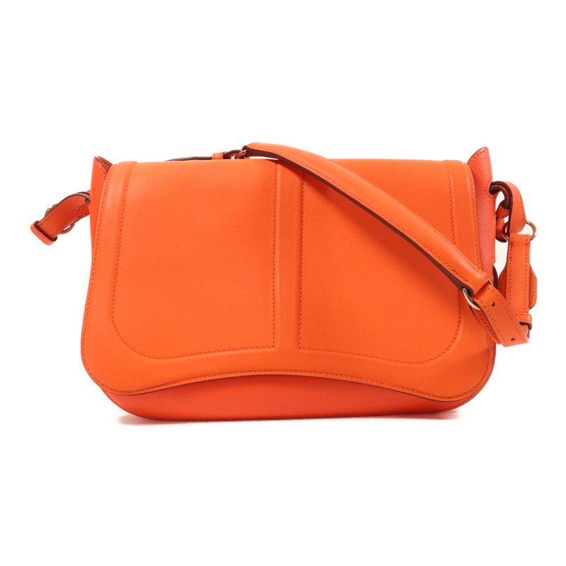 HERMES Epsom皮革Harnais Bag銀扣肩背袋Orange-0