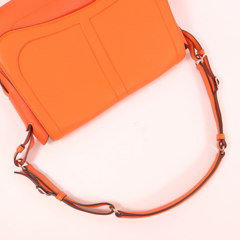 HERMES Epsom皮革Harnais Bag銀扣肩背袋Orange-4