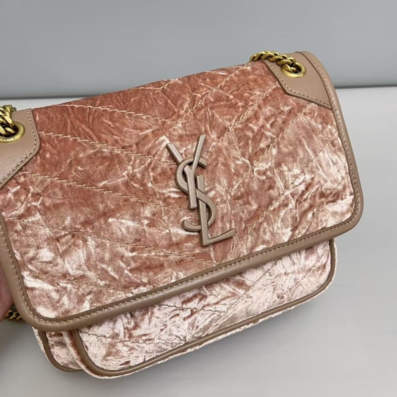 YSL聖羅蘭 Niki小号天鵝絨豆沙色郵差包 肩背包 斜背包D扣-2