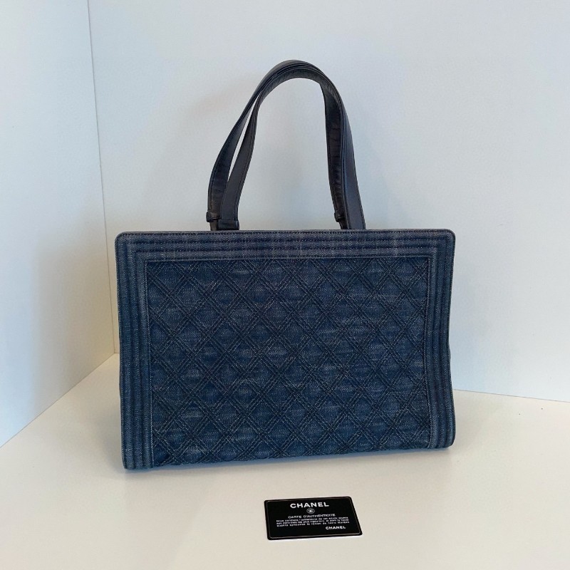 Chanel 香奈兒 深藍色 牛仔 leboy tote 肩背包 托特包 21開 36*25*16cm-4