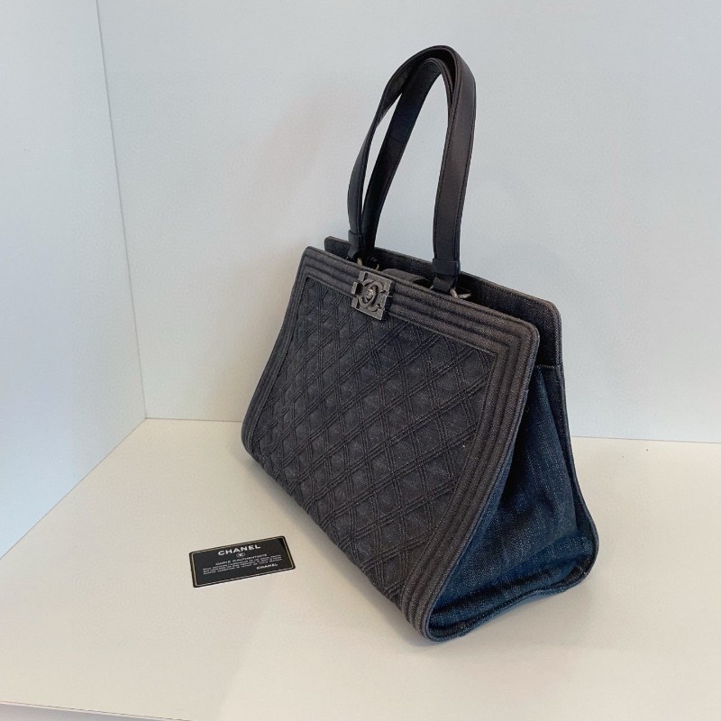 Chanel 香奈兒 深藍色 牛仔 leboy tote 肩背包 托特包 21開 36*25*16cm-5