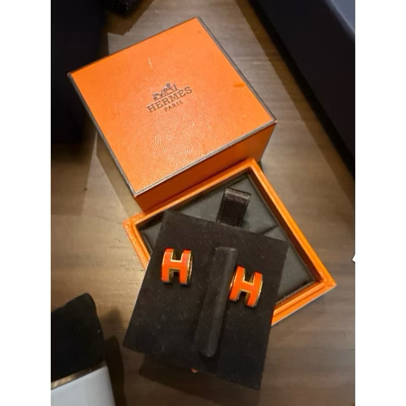 H耳環 HERMES 愛馬仕 金色POP H橘紅色耳環-11