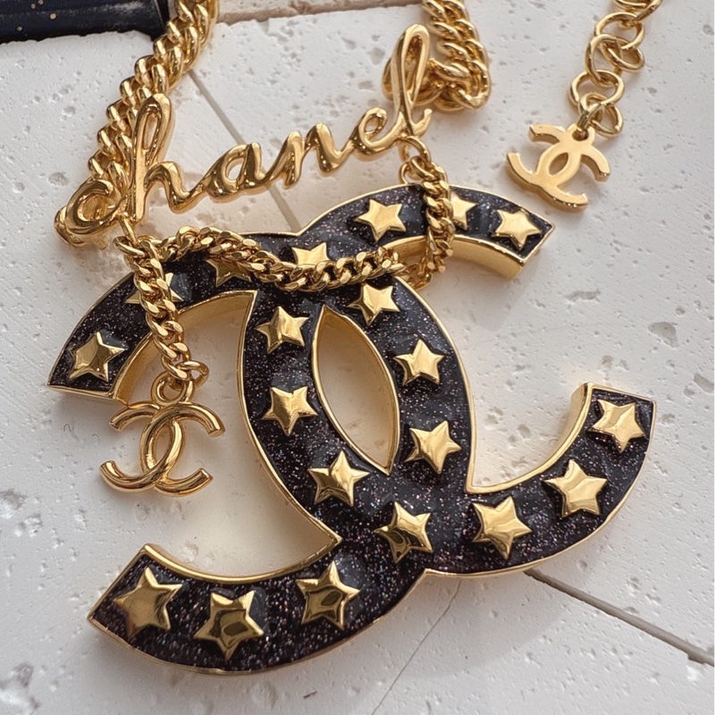 CHANEL 黑色雙C星星字母長項鍊-1