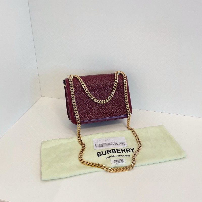 Burberry 酒紅色全皮壓花TB金扣鏈條豆腐包 郵差包 小號20*15*10cm-2