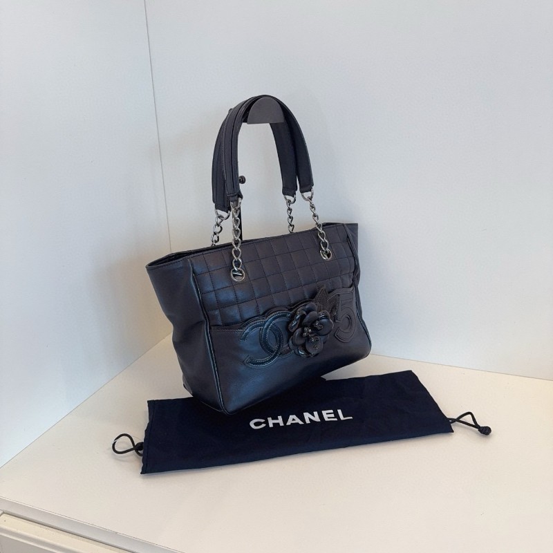 Chanel 香奈兒 黑銀冰格 山茶花5號 雙C logo Tote 托特包 肩背包 26*20*11cm-1