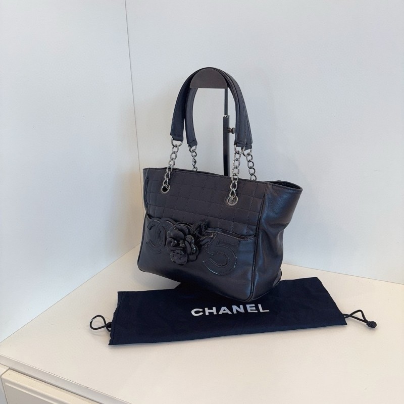 Chanel 香奈兒 黑銀冰格 山茶花5號 雙C logo Tote 托特包 肩背包 26*20*11cm-2