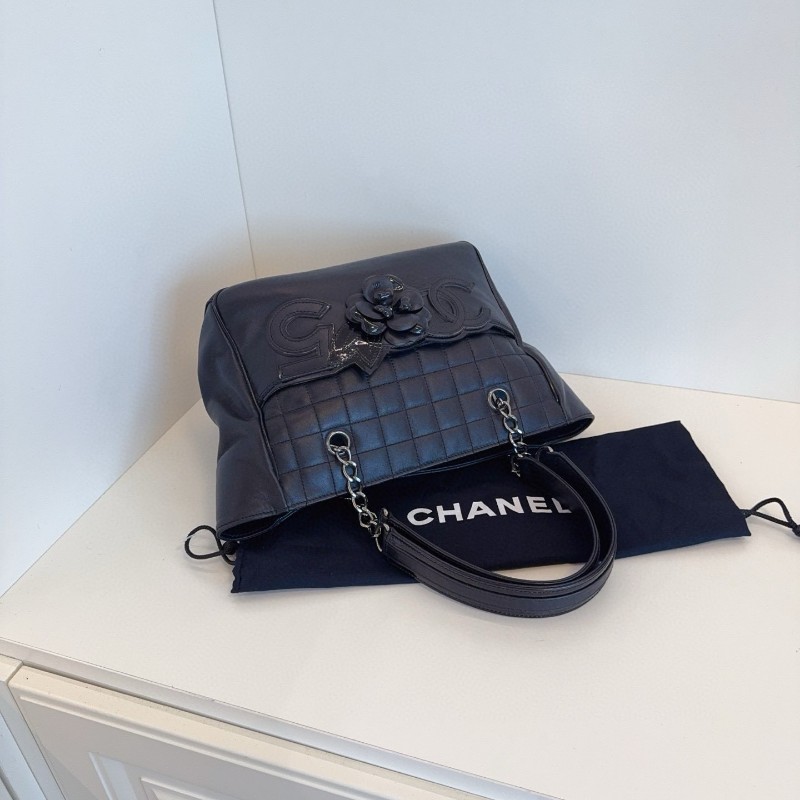 Chanel 香奈兒 黑銀冰格 山茶花5號 雙C logo Tote 托特包 肩背包 26*20*11cm-4