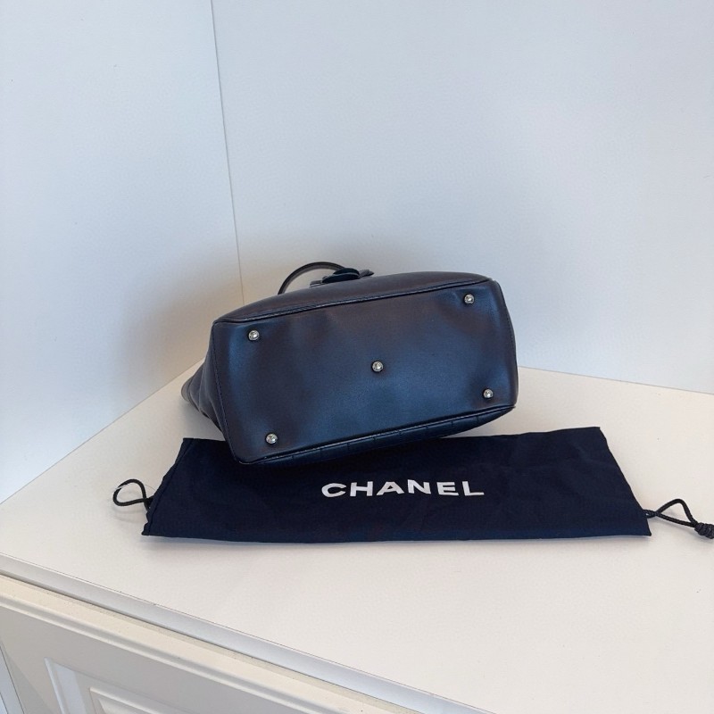 Chanel 香奈兒 黑銀冰格 山茶花5號 雙C logo Tote 托特包 肩背包 26*20*11cm-5