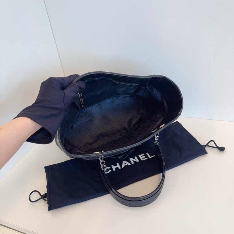 Chanel 香奈兒 黑銀冰格 山茶花5號 雙C logo Tote 托特包 肩背包 26*20*11cm-6