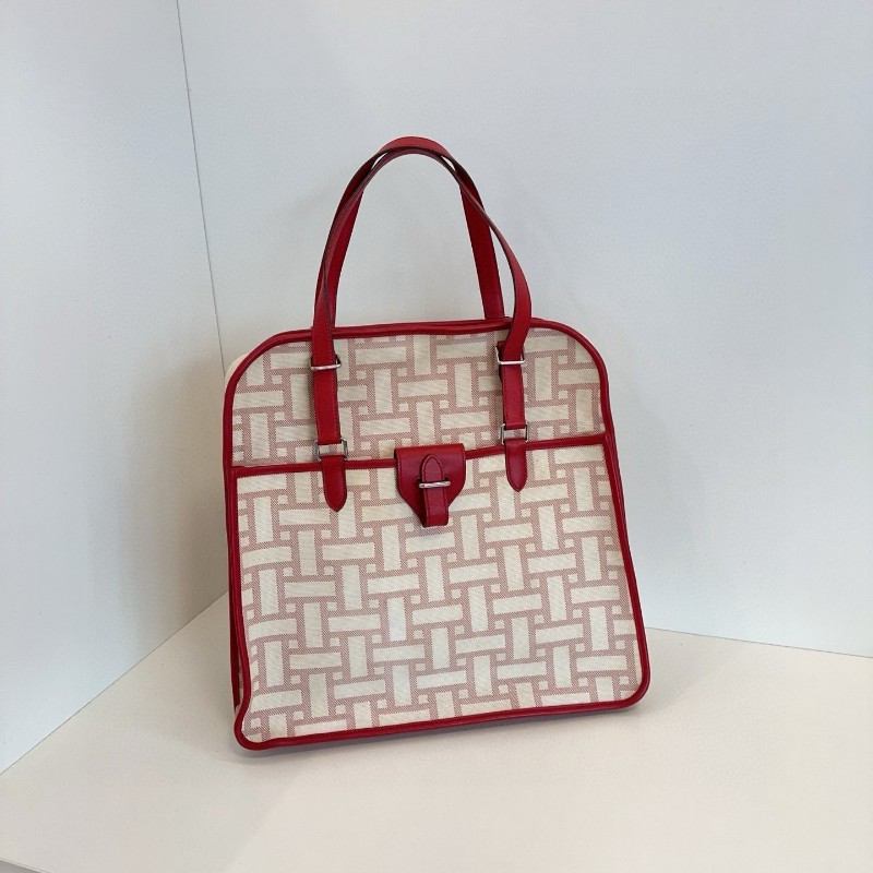 Hermes愛馬仕 Vintage 絕版中古馬賽克tote托特包 帆布拼紅皮 36*36*14cm-0