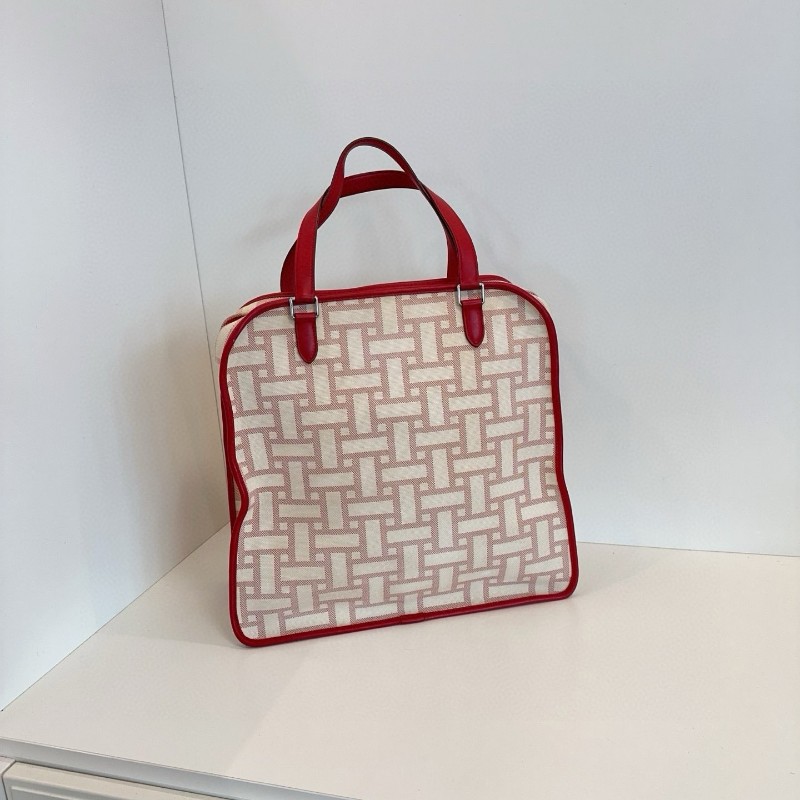 Hermes愛馬仕 Vintage 絕版中古馬賽克tote托特包 帆布拼紅皮 36*36*14cm-2