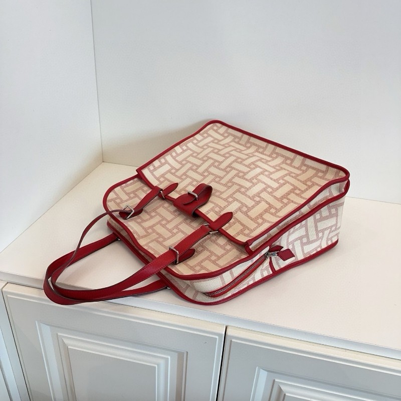 Hermes愛馬仕 Vintage 絕版中古馬賽克tote托特包 帆布拼紅皮 36*36*14cm-6