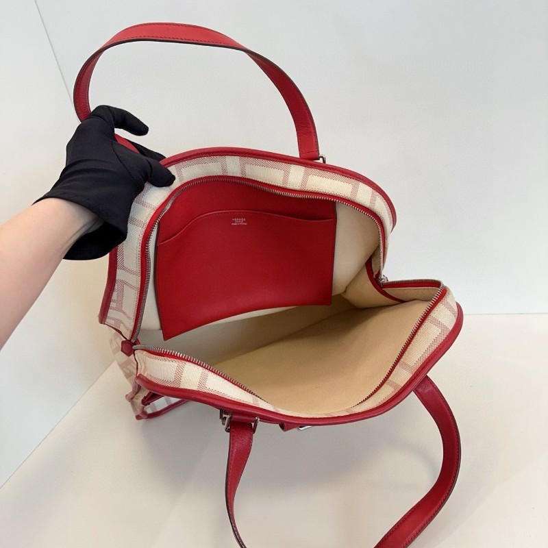 Hermes愛馬仕 Vintage 絕版中古馬賽克tote托特包 帆布拼紅皮 36*36*14cm-7