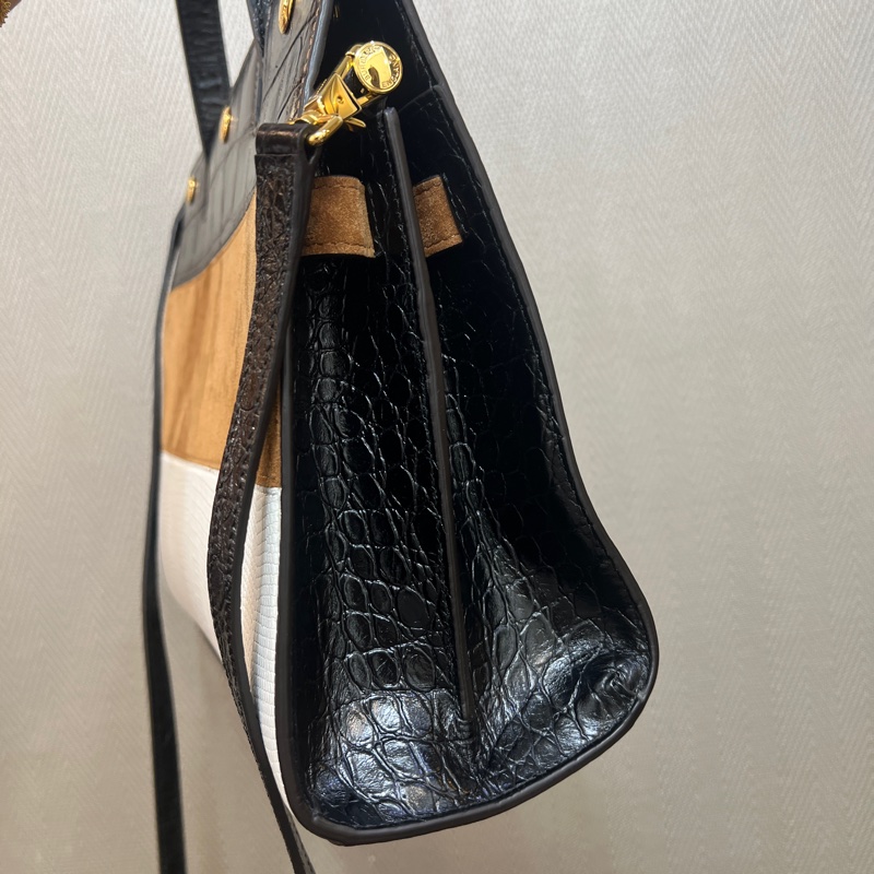 Burberry 黑鱷魚皮壓紋駝色麂皮白色蜥蜴皮壓紋手提斜背包-4