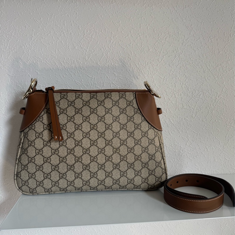 Gucci滿版老花拼焦糖皮革肩背包-0