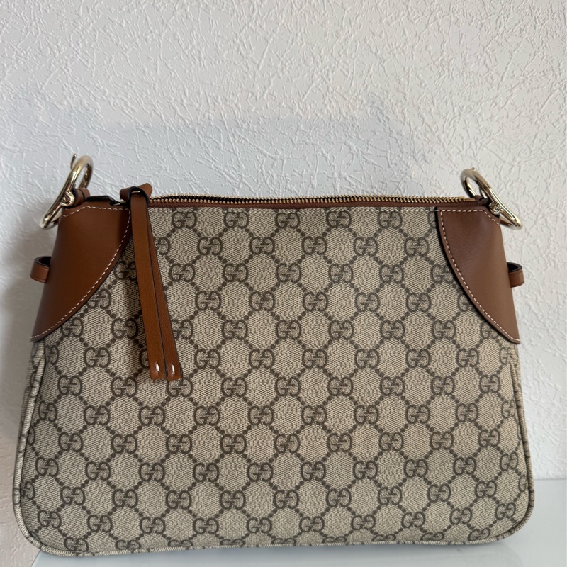 Gucci滿版老花拼焦糖皮革肩背包-1