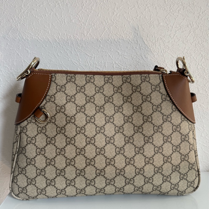 Gucci滿版老花拼焦糖皮革肩背包-2