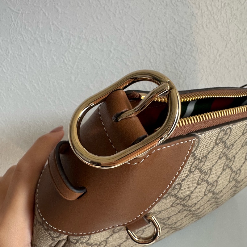 Gucci滿版老花拼焦糖皮革肩背包-3