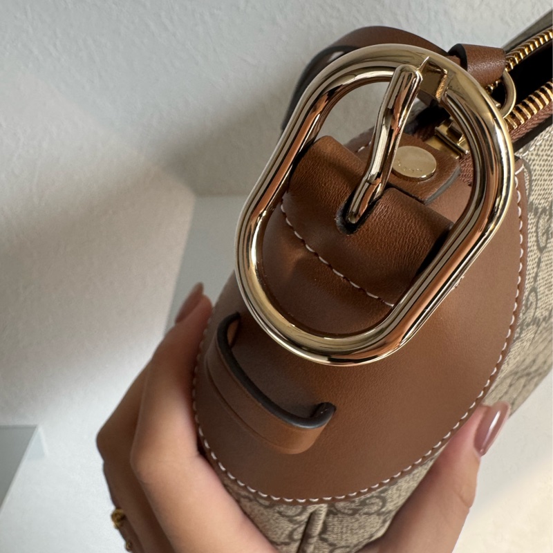 Gucci滿版老花拼焦糖皮革肩背包-8