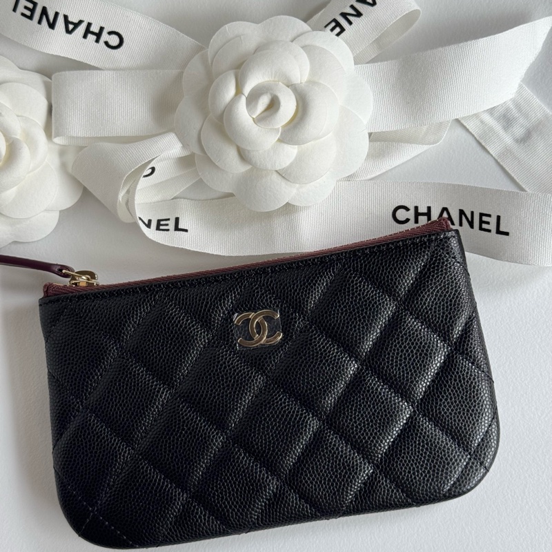 香奈兒 Chanel ㄧ字零錢包 黑金 荔枝牛皮 /收納袋/ 卡包 晶片款-0