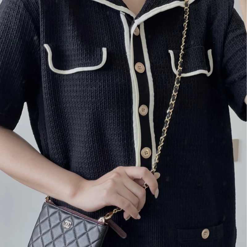 香奈兒 Chanel ㄧ字零錢包 黑金 荔枝牛皮 /收納袋/ 卡包 晶片款-6