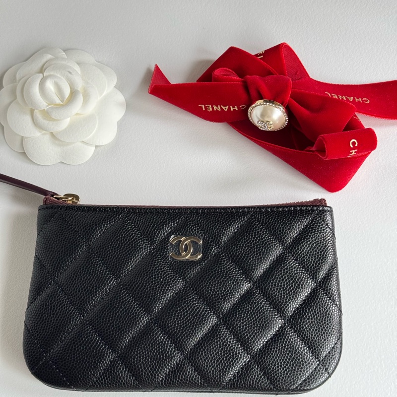 香奈兒 Chanel ㄧ字零錢包 黑金 荔枝牛皮 /收納袋/ 卡包 晶片款-7