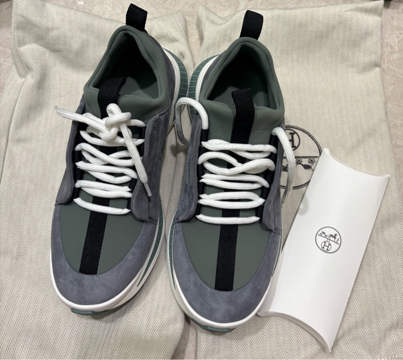 Hermes愛馬仕球鞋Just款（深灰色麂皮拼接墨蘭迪綠科技平紋針織彈性布）-0