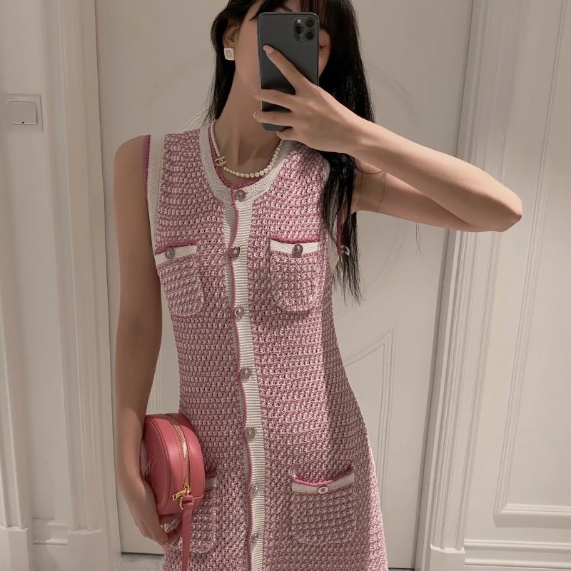 Chanel香奈兒 粉色編織無袖連衣裙/34碼-0