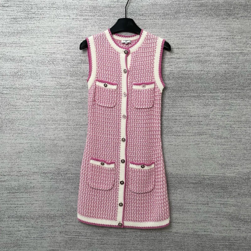 Chanel香奈兒 粉色編織無袖連衣裙/34碼-2