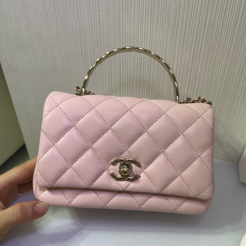 CHANEL 25S COCO 羊皮銀扣手柄櫻花粉-0