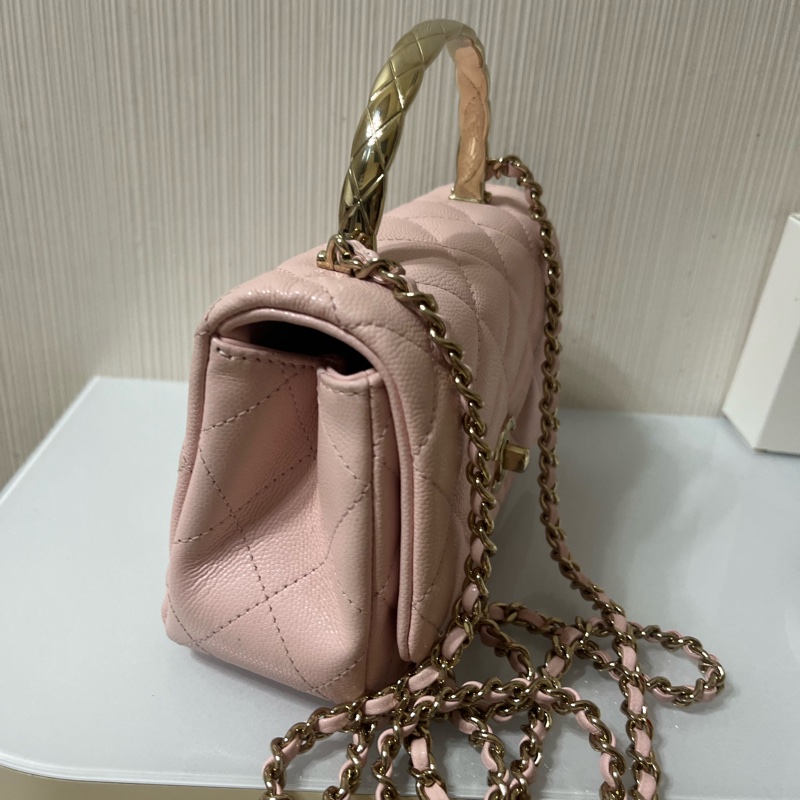 CHANEL 25S COCO 羊皮銀扣手柄櫻花粉-3