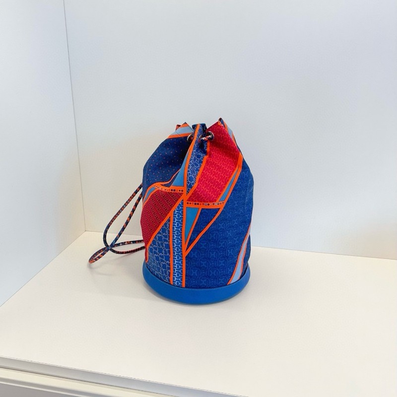 Hermes愛馬仕 橙藍撞色圓筒抽繩水桶包/雙肩包 夏日最佳絲巾包-0