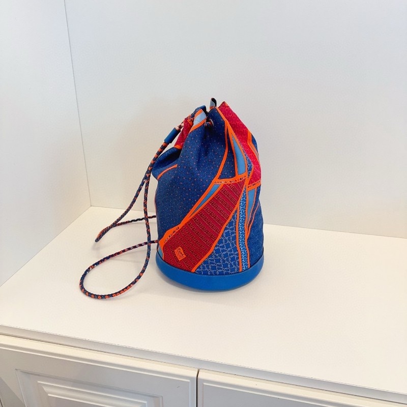 Hermes愛馬仕 橙藍撞色圓筒抽繩水桶包/雙肩包 夏日最佳絲巾包-1