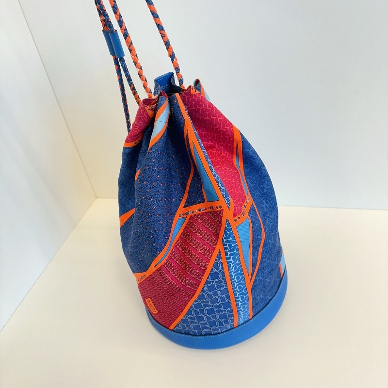 Hermes愛馬仕 橙藍撞色圓筒抽繩水桶包/雙肩包 夏日最佳絲巾包-6