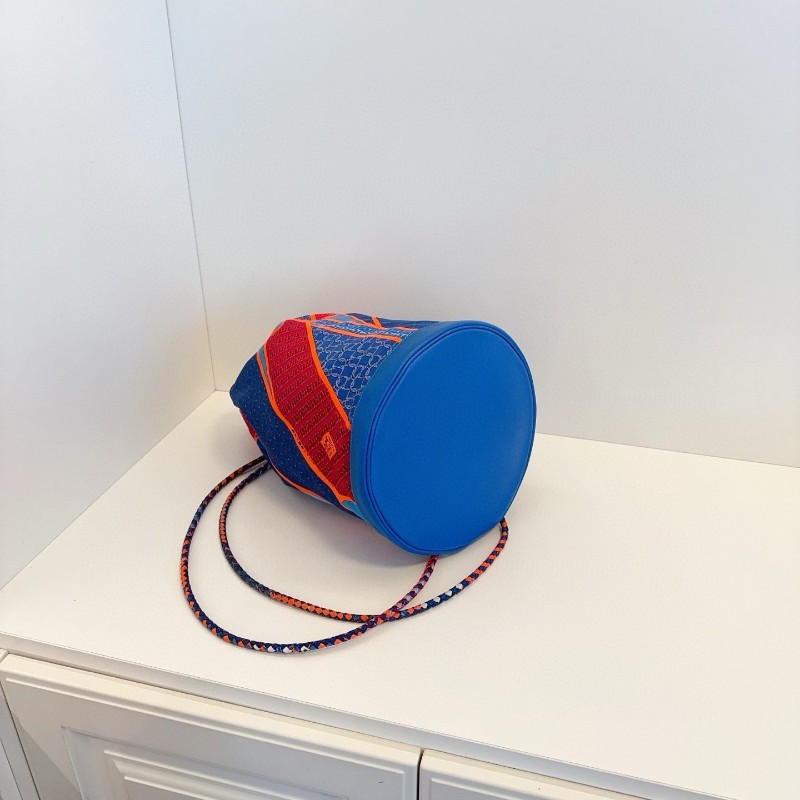 Hermes愛馬仕 橙藍撞色圓筒抽繩水桶包/雙肩包 夏日最佳絲巾包-7