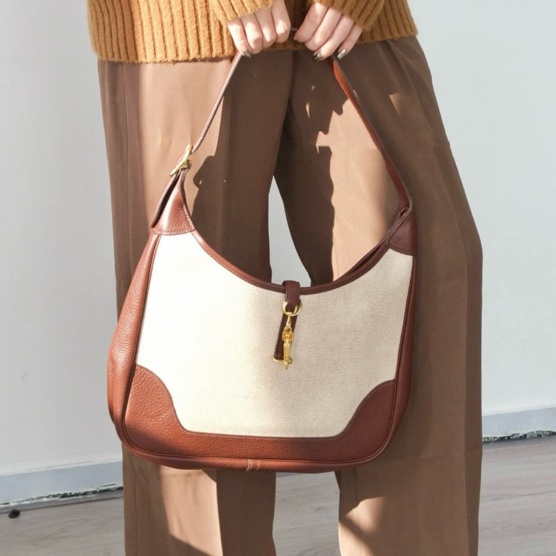 Hermès愛馬仕 Trim 31 金棕金扣拼帆布 肩背包-1