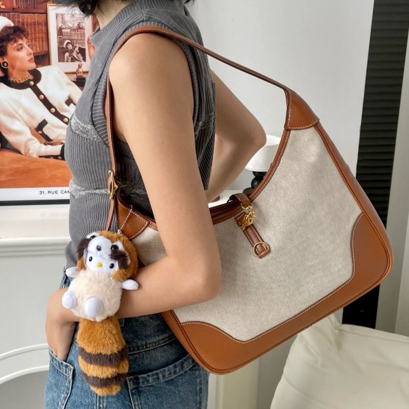 Hermès愛馬仕 Trim 31 金棕金扣拼帆布 肩背包-2