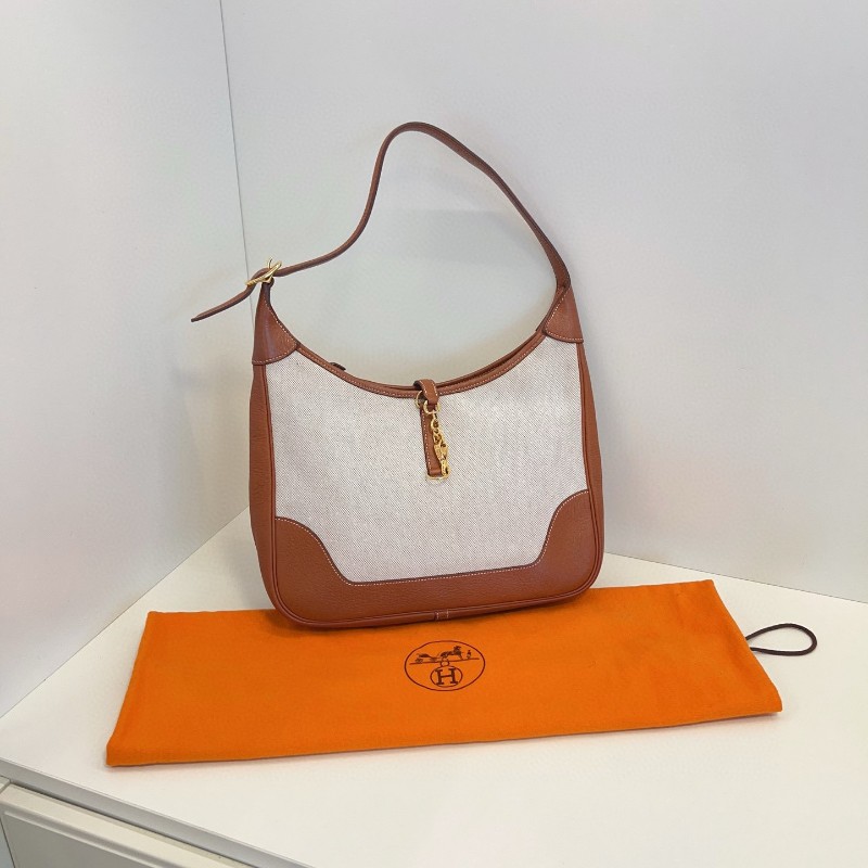 Hermès愛馬仕 Trim 31 金棕金扣拼帆布 肩背包-3