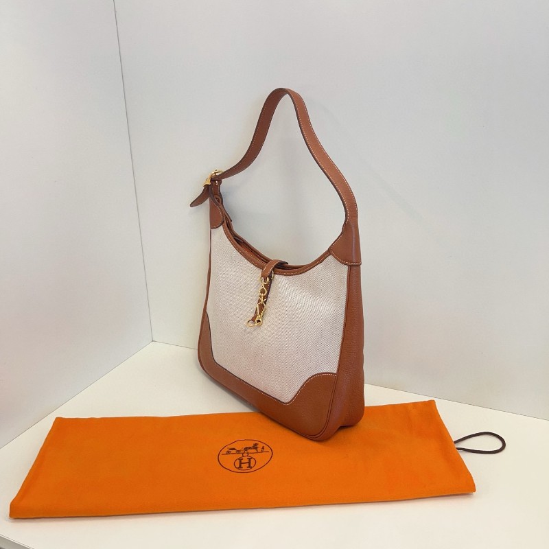 Hermès愛馬仕 Trim 31 金棕金扣拼帆布 肩背包-4