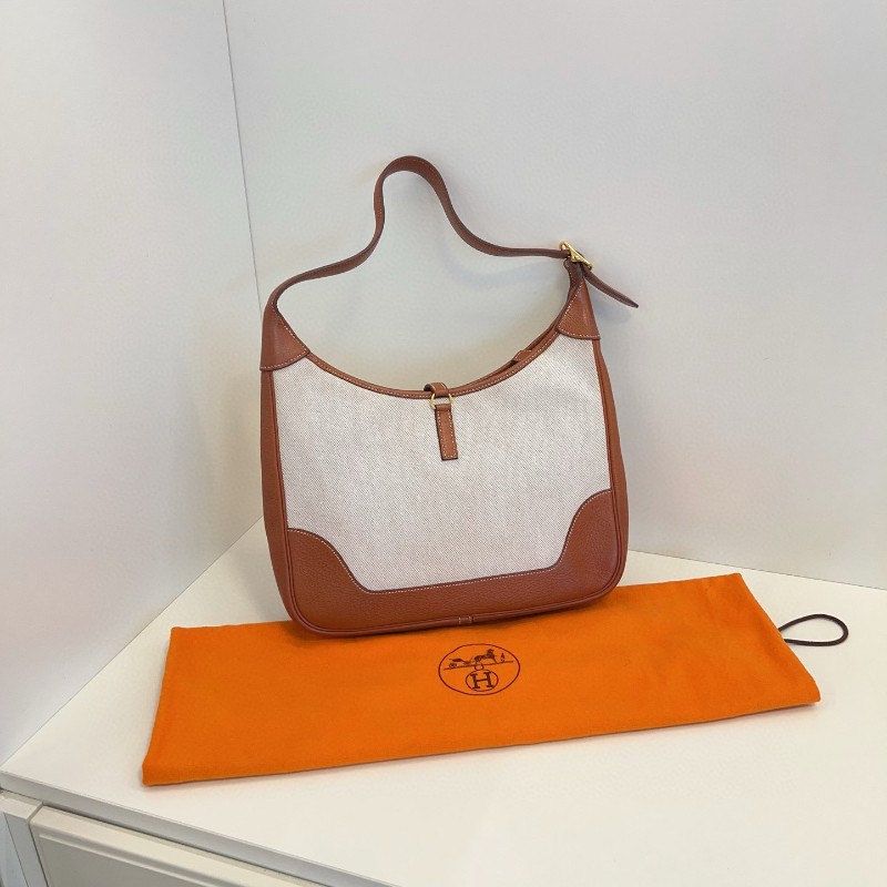 Hermès愛馬仕 Trim 31 金棕金扣拼帆布 肩背包-5