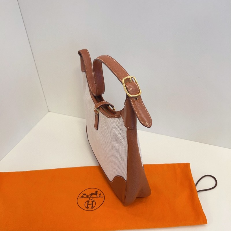 Hermès愛馬仕 Trim 31 金棕金扣拼帆布 肩背包-7