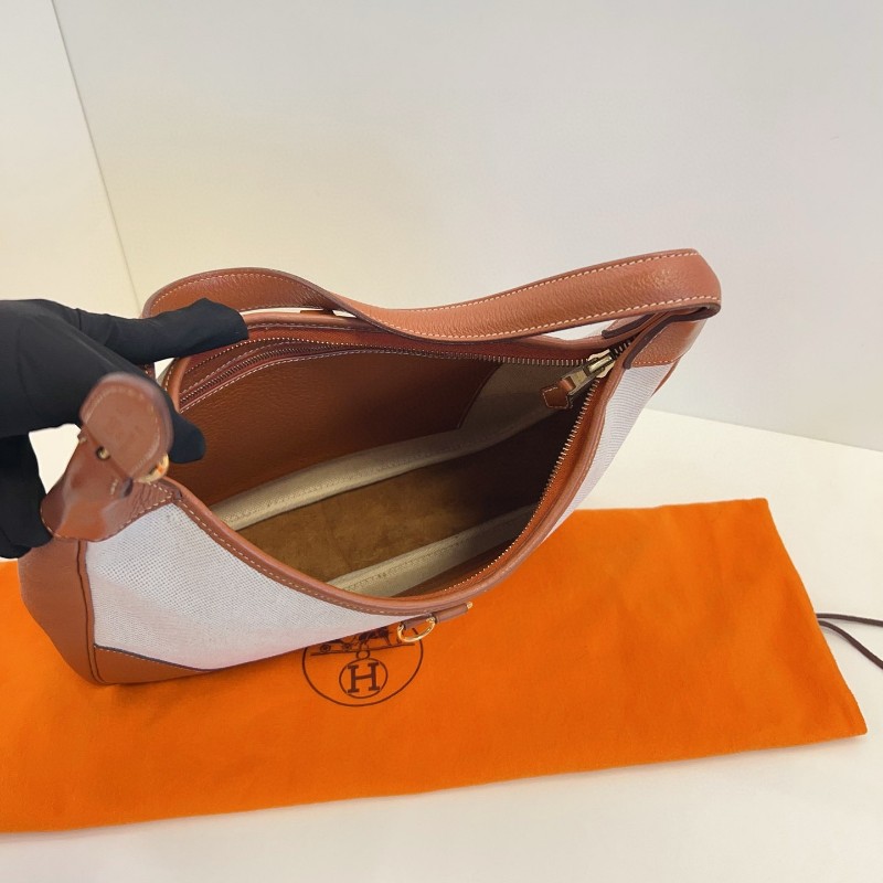 Hermès愛馬仕 Trim 31 金棕金扣拼帆布 肩背包-8
